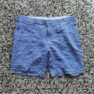 Polo Ralph Lauren 100% Linen Shorts Blue White Gingham Plaid Straight Fit 36